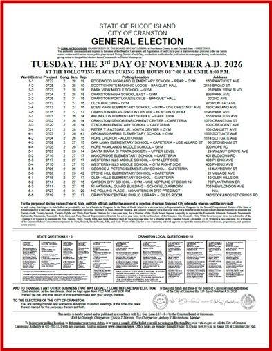 Nov. 3, 2026 General Election Warrant & Polling Places